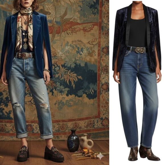 highline Navy Velvet Tuxedo Blazer Cape Statement Slit Sleeves Size 4 - Picture 1 of 11